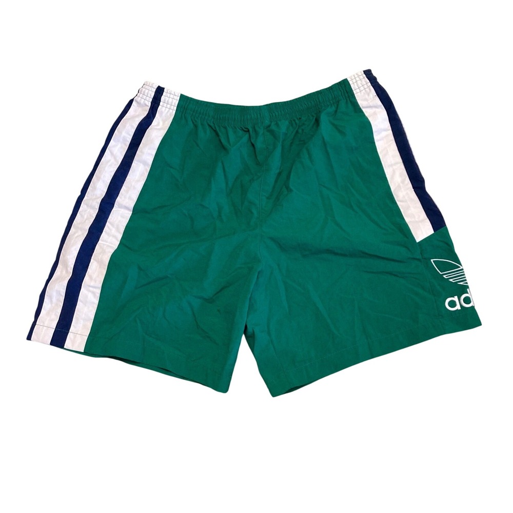 Vintage Adidas Nylon Track Shorts Green Trefoil Logo Mens Large 90s Striped Gym - Picture 3 of 6